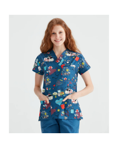 Bluza medicala albastra cu imprimeu, Model Ambulanta