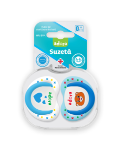Suzeta din silicon, cu cutie de sterilizare, 0-6 luni, design baiat, 2 bucati, Adora 