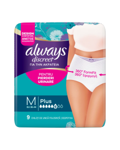 Chiloti pentru incontinenta urinara Discreet Plus, 6 picaturi, Marimea M, 9 bucati, Always