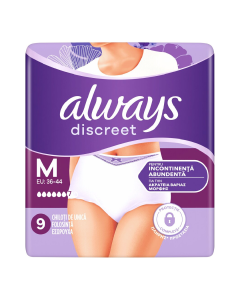 Chiloti pentru incontinenta urinara Discreet Plus, 6 picaturi, Marimea M, 9 bucati, Always