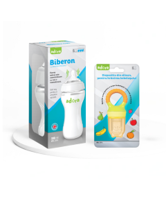 Pachet Adora Dispozitiv hranirea bebelusului si Biberon anticolici 6 luni, 330 ml