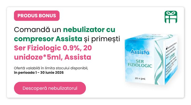 Comandă un nebulizator cu compresor Assista și primești Ser Fiziologic 0.9%, 20 unidoze*5ml, Assista