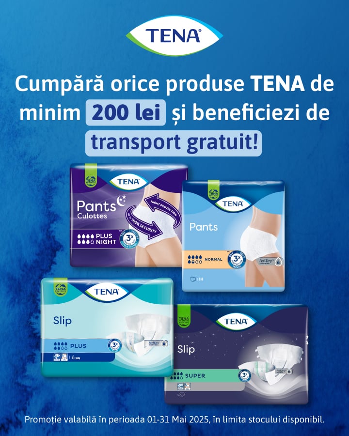 Cumpara orice produse TENA de minim 200 lei si beneficiezi de transport gratuit